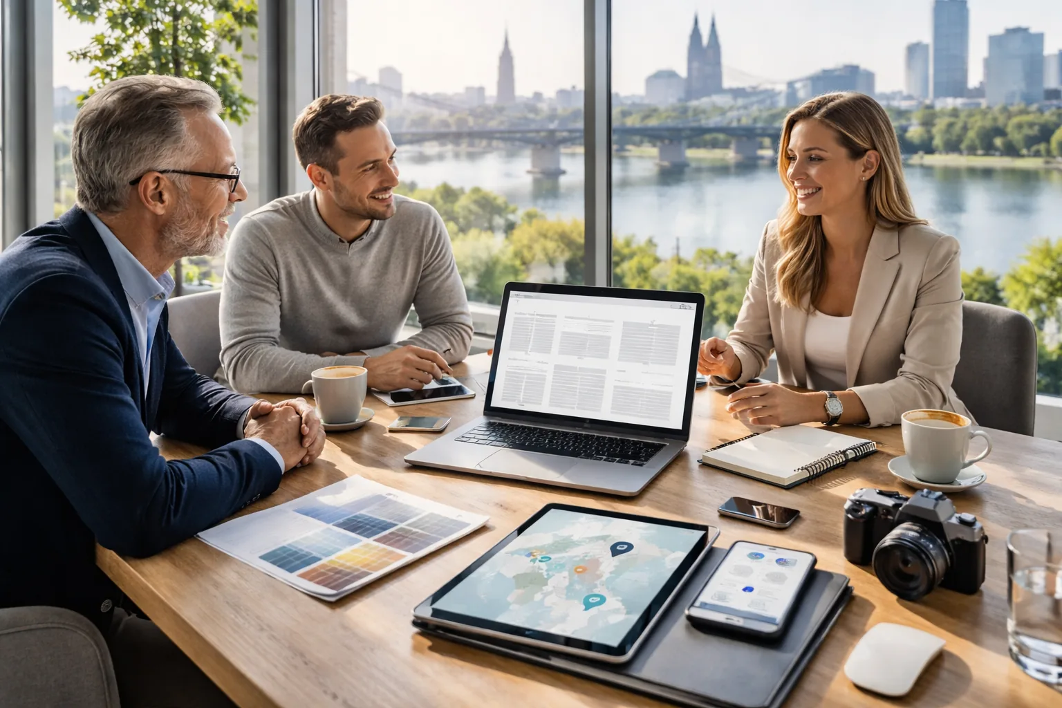 Fotorealistische
Werbeaufnahme eines B2B-Meetings im modernen Büro am Rhein: Team plant professionelle Unternehmenswebsite mit Fokus auf
lokale Sichtbarkeit, SEO und Leadgenerierung im Rheinland.