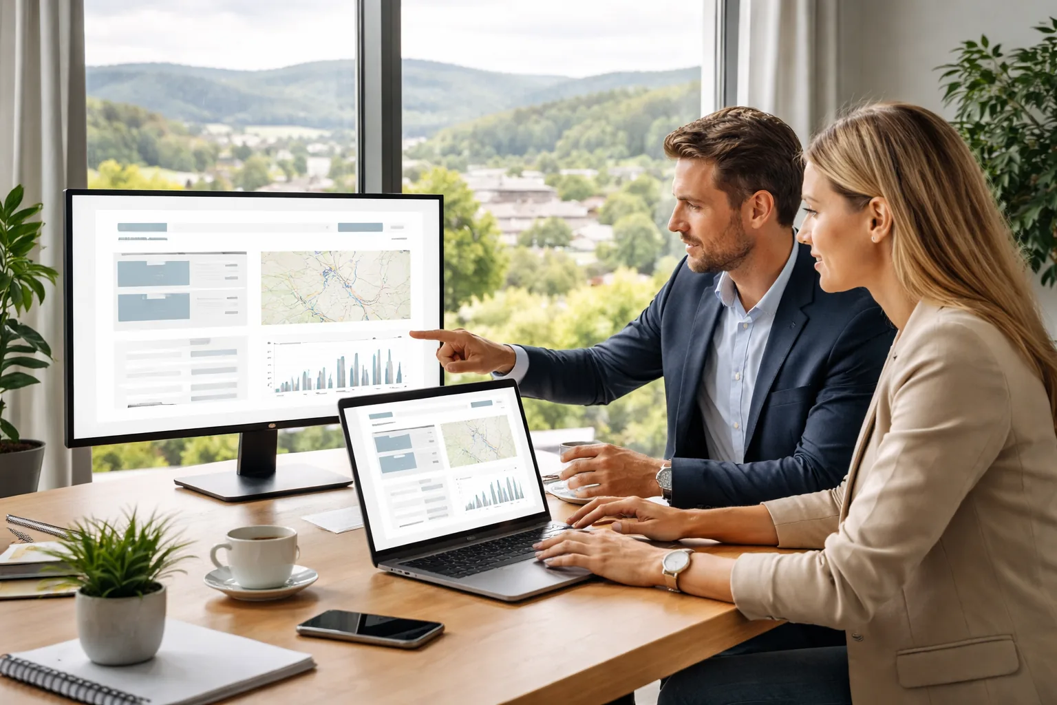 Fotorealistisches
Hero-Bild: Zwei Geschäftsleute in einem modernen Besprechungsraum im Westerwald planen eine neue Unternehmenswebsite mit
Fokus auf regionale Sichtbarkeit und professionelle Struktur.