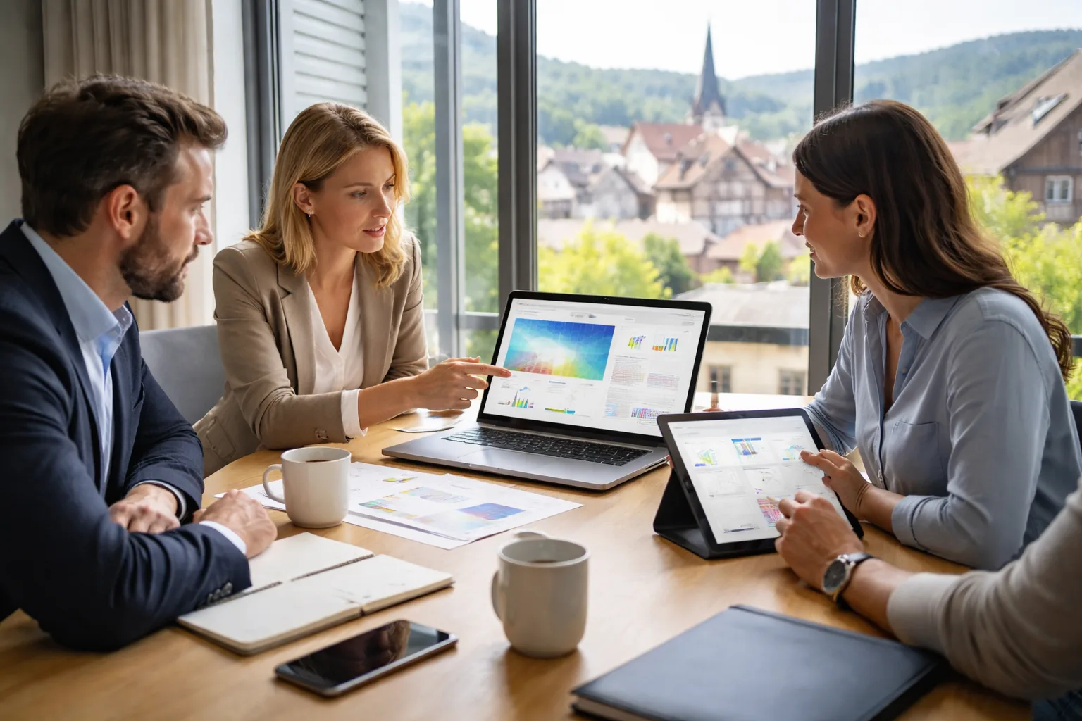 Fotorealistische Werbeaufnahme eines deutschen KMU-Teams mit Agenturberaterin in einem modernen
Besprechungsraum, das gemeinsam Website, SEO und Online-Marketing auf Laptop und Tablet bewertet.