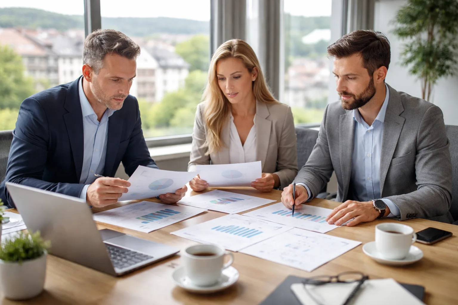 Fotorealistisches Hero-Bild eines deutschen B2B-Meetings: Drei Personen in einem modernen Besprechungsraum vergleichen
Agenturangebote anhand von Laptop und neutralen Reports, mit regionalem Asbach-Umfeld im unscharfen Hintergrund.