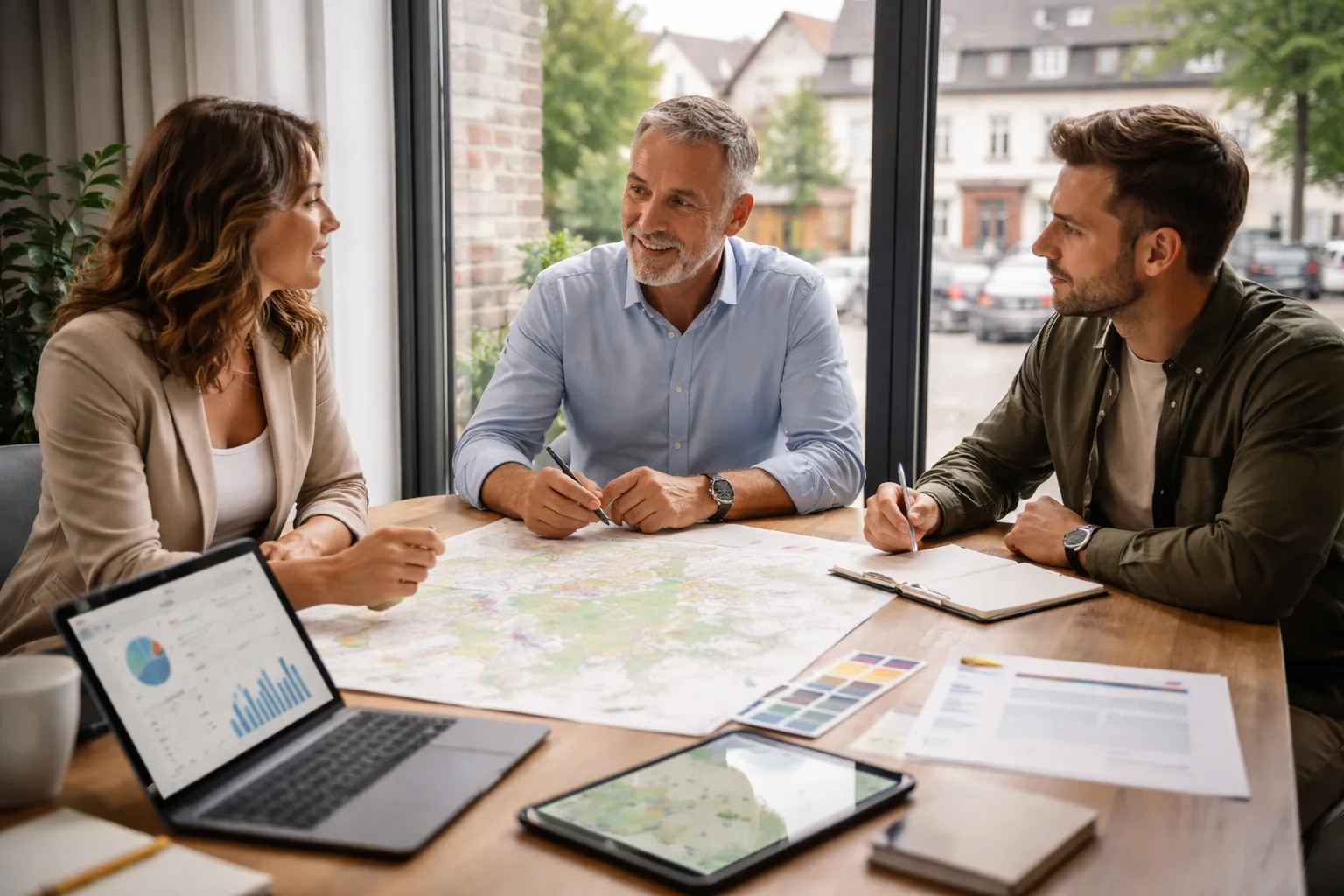 Fotorealistisches Hero-Bild eines Beratungsgesprächs zwischen einem mittelständischen Unternehmen und einer regionalen
Werbeagentur in Deutschland, mit Fokus auf lokale Sichtbarkeit, Budget, Prozesse und Einzugsgebiet rund um Asbach.
