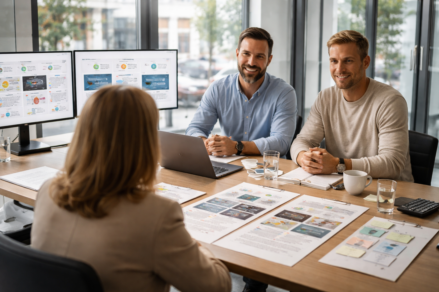 Over-the-shoulder-Aufnahme in einem deutschen Besprechungsraum mit Glaswänden: kleine Unternehmerin im Gespräch mit Agenturberatern, unscharfe Performance-Monitore, Anzeigenentwürfe und unleserliche Feedback-Notizen auf dem Tisch.