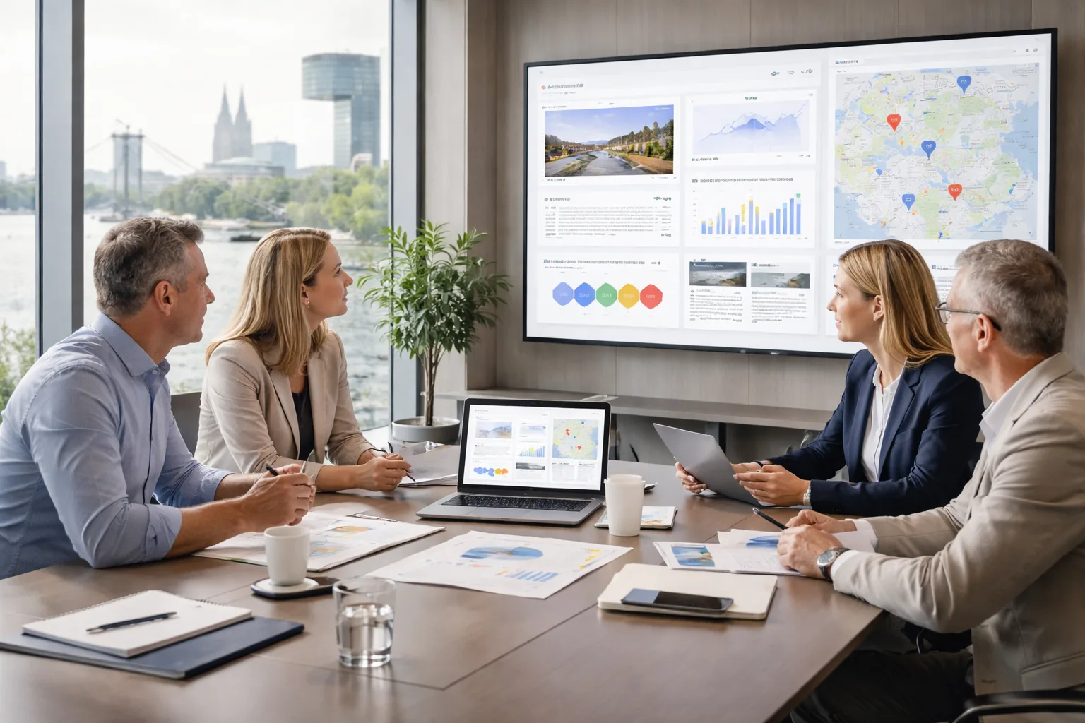 B2B-Entscheidungsteam in
modernem Büro im Rheinland prüft Website-, SEO- und lokale Sichtbarkeitsdaten vor Kölner Skyline.