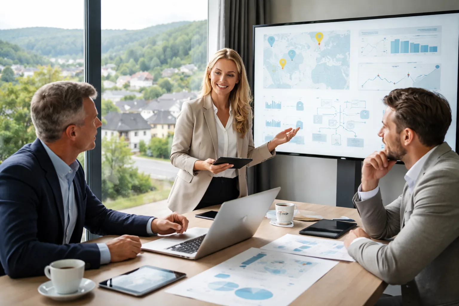 Fotorealistische
Werbeaufnahme eines B2B-Meetings in einem modernen deutschen Besprechungsraum: mehrere Entscheider bewerten gemeinsam
Website, lokale Sichtbarkeit und Online-Marketing anhand neutraler Diagramme und Karten, mit Westerwald-Landschaft vor
dem Fenster.